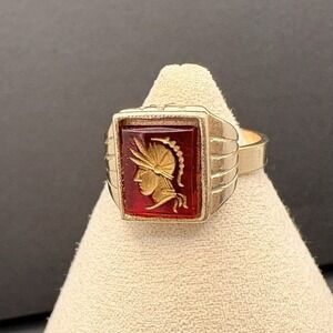 Vintage Roman Soldier Warrior Intaglio Ring Size 7 Cameo Red & Gold Tone